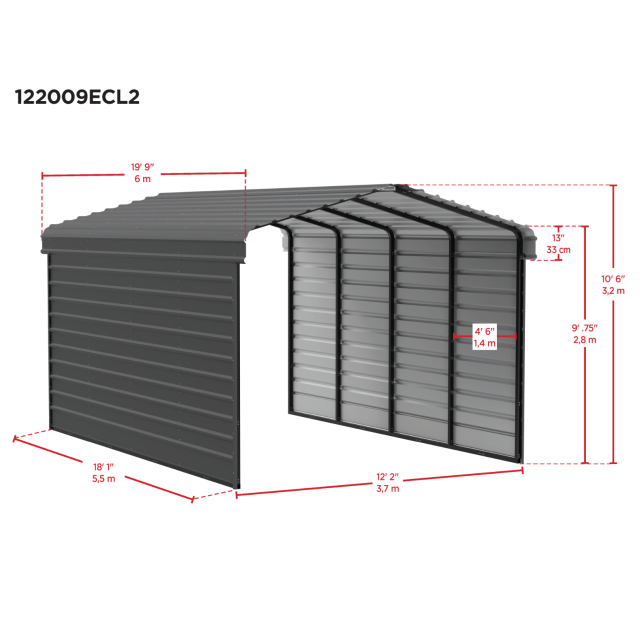 Arrow Carports Galvanized Steel Carport, with 2-Sided Enclosure, Compact Car Metal Carport Kit, 12' x 20' x 9'  , Charcoal