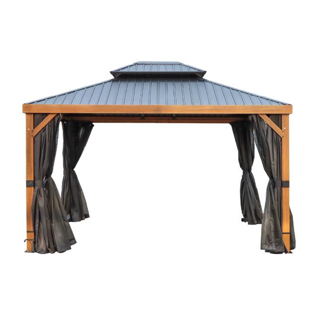 Gazebo Penguin Yosemite 12 x 16' toit double en acier galvanisé, poteaux en aluminium finition bois