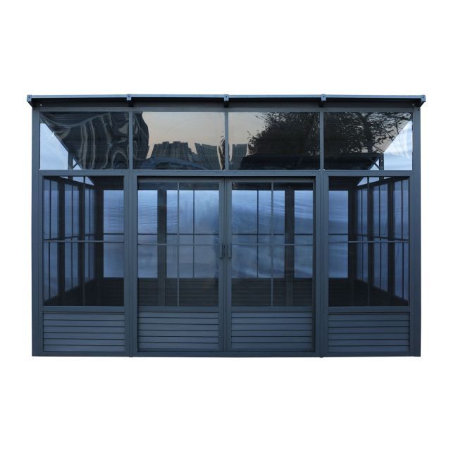 Gazebo Penguin Narvik 12 x 15 英尺灰色铝制阳光房，配备金属屋顶和双移门