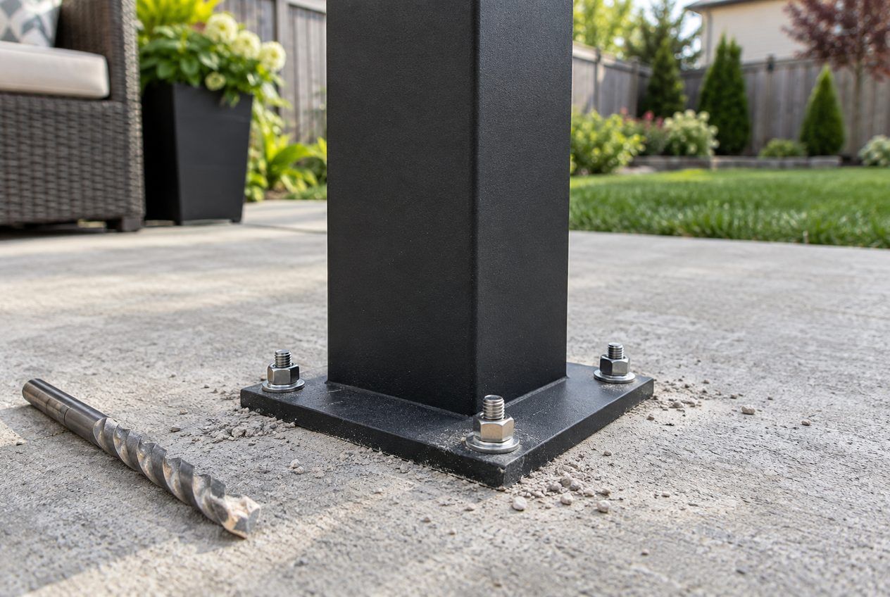 Plaque de base de gazebo fixée sur un patio en béton avec des ancrages à expansion