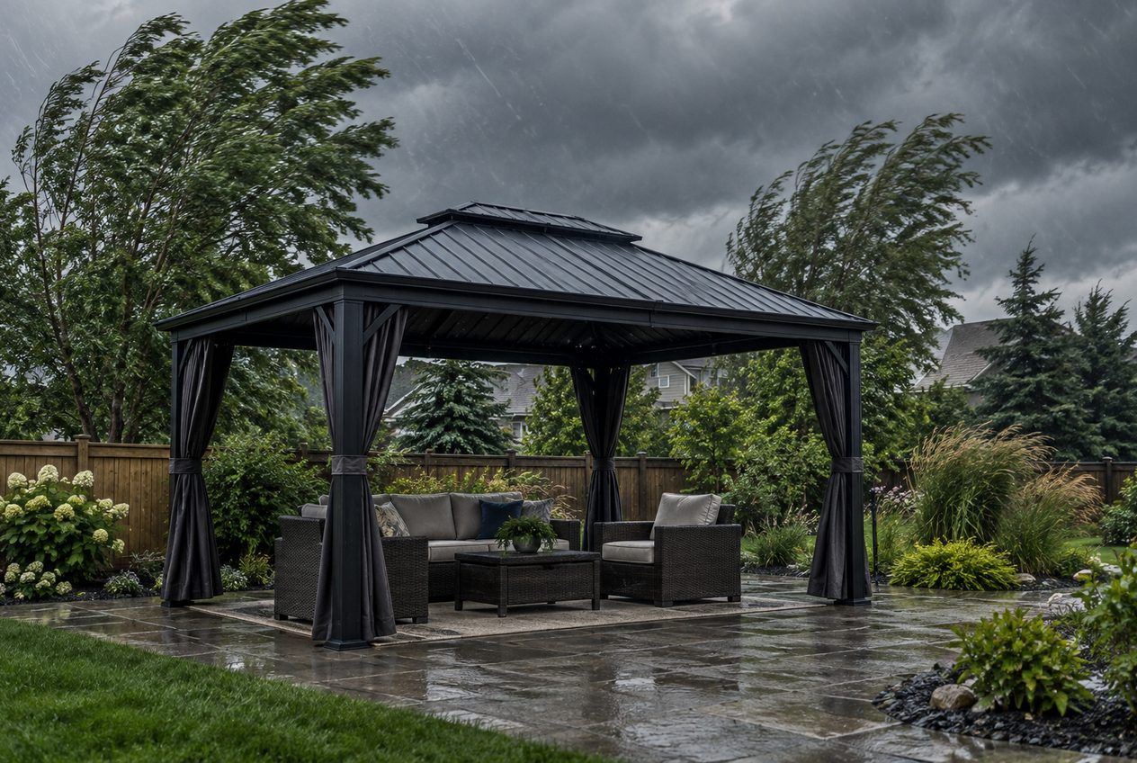 Gazebo à toit rigide bien ancré qui résiste à une tempête de vent estivale