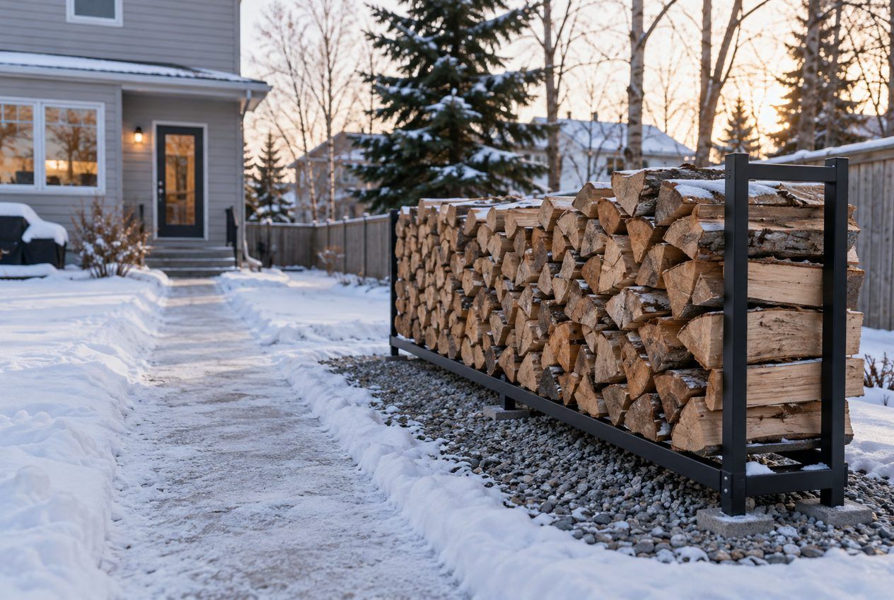 Support à bois sur une base de gravier à quelques mètres de la maison, avec un sentier déneigé
