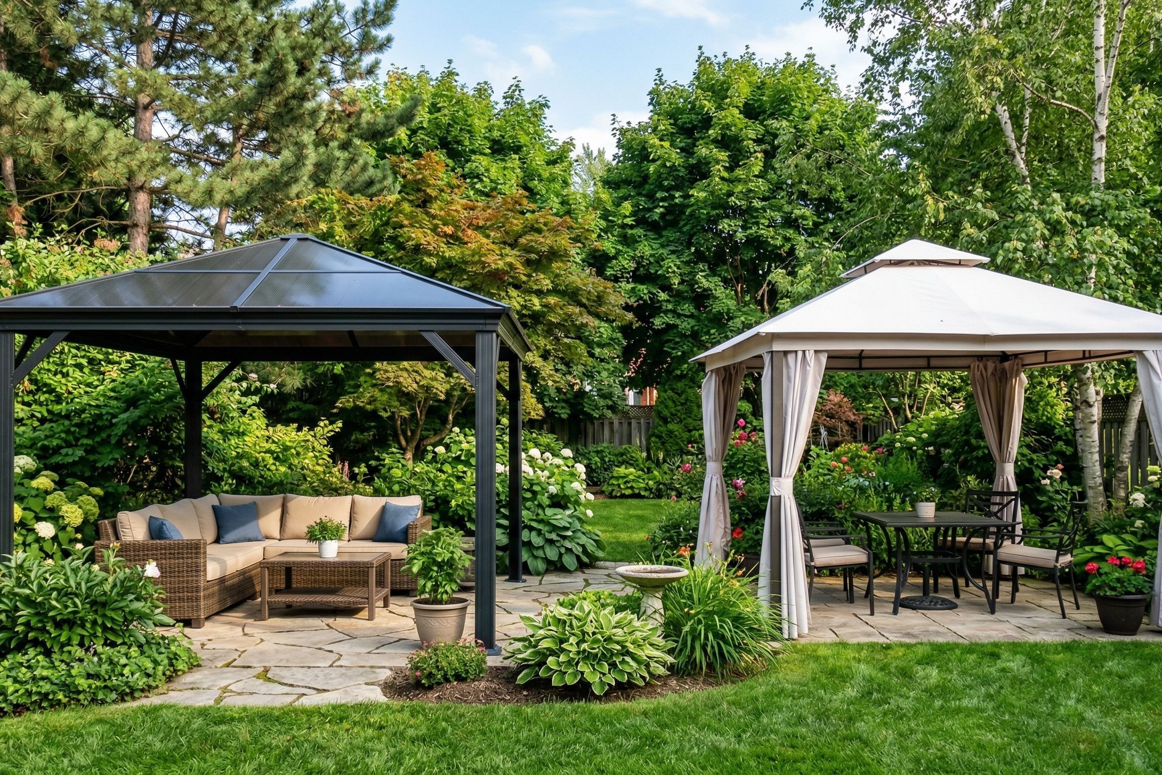 Gazebos à toit rigide et toit souple côte à côte dans une cour canadienne