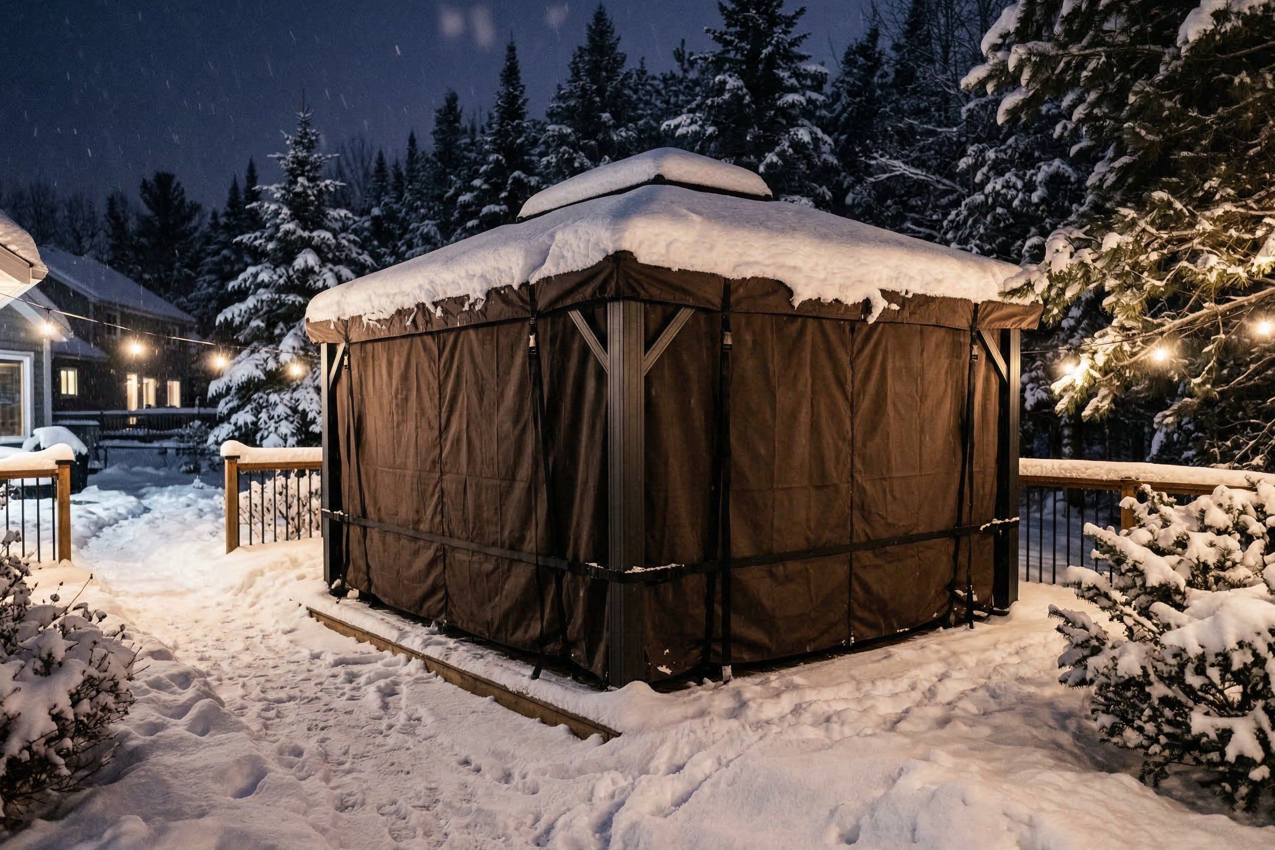 Gazebo avec housse d'hiver installée dans une cour enneigée au Canada