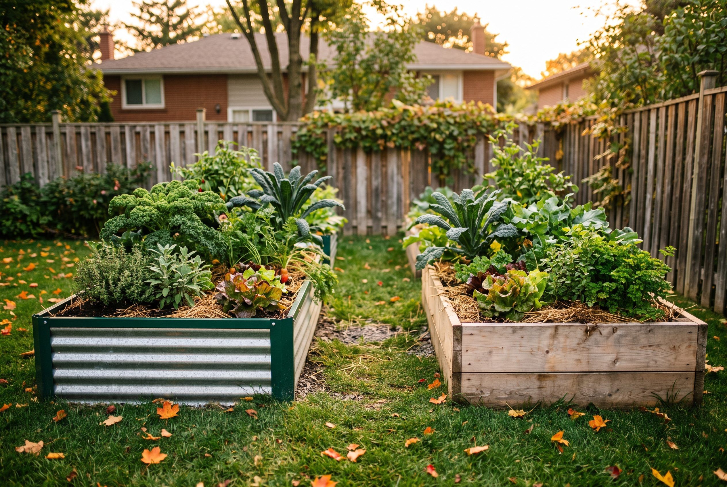 Galvanized steel and wood raised garden beds planted with vegetables in a Canadian backyard in autumn