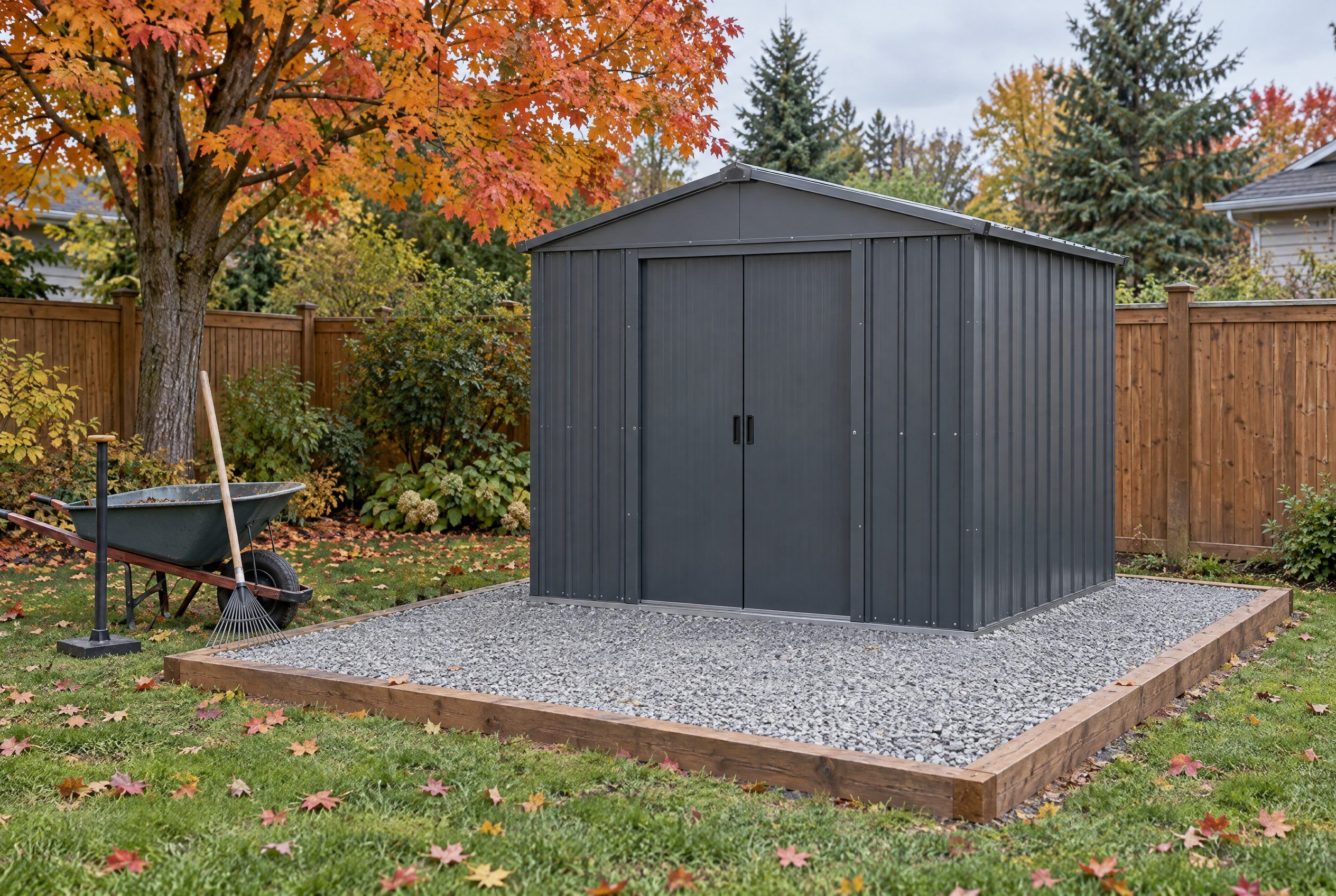 Cabanon en acier anthracite sur un lit de pierre concassée de niveau avec bordure en bois dans une cour canadienne à l'automne