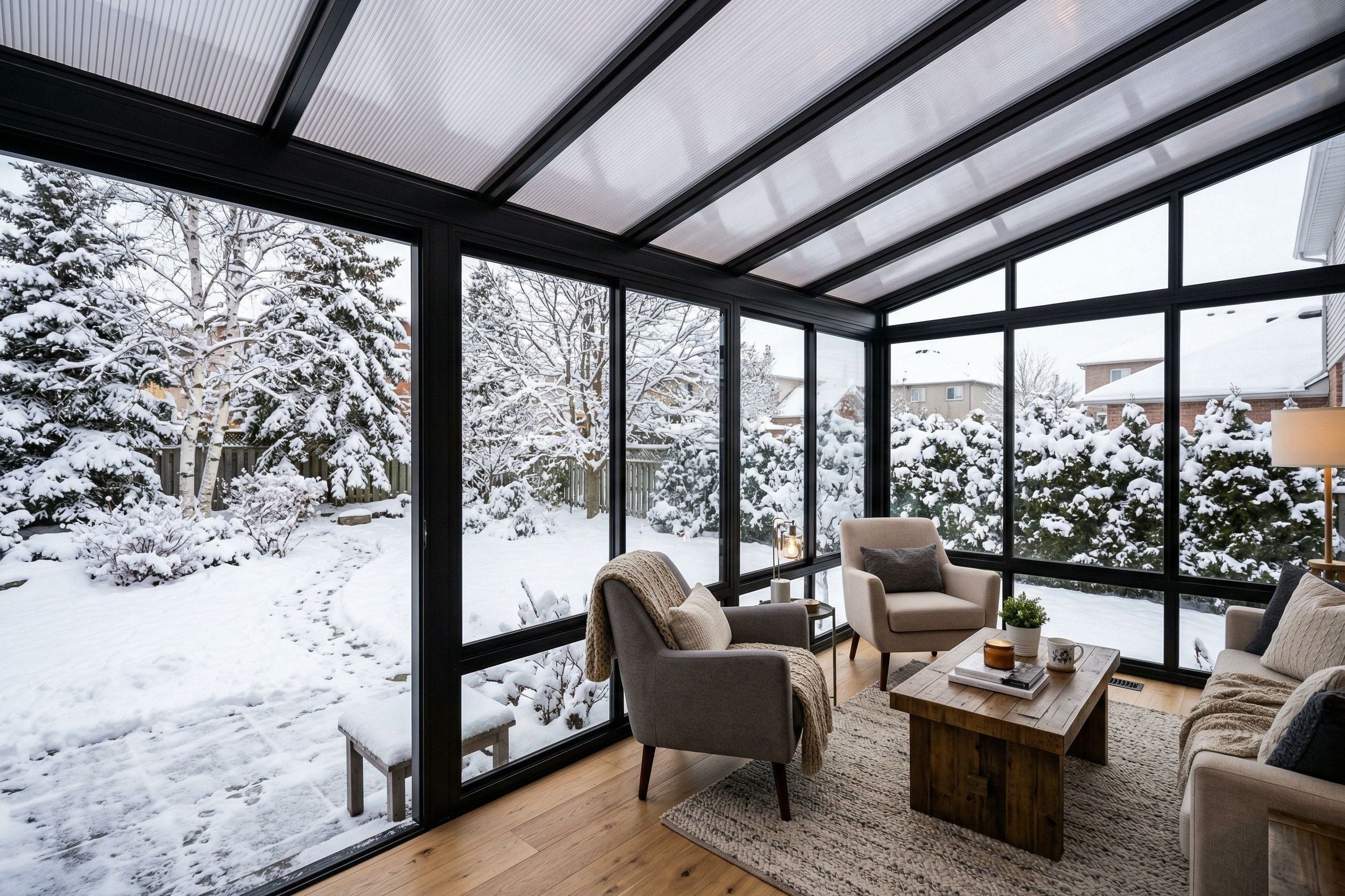 Solarium moderne en verre dans une cour arrière canadienne