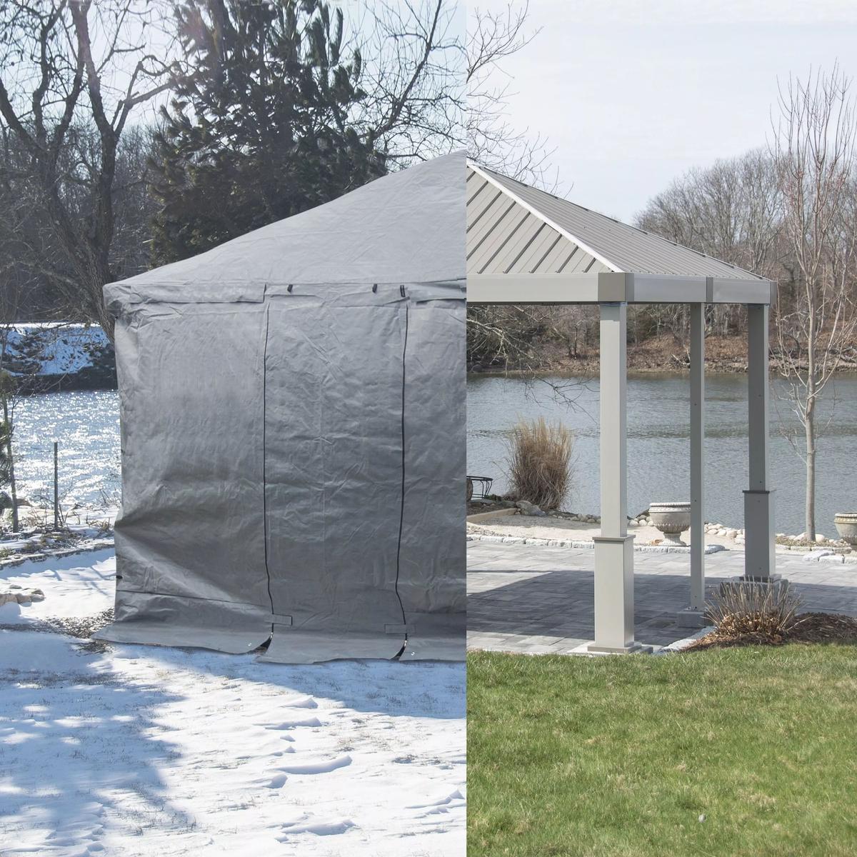 A Sojag gazebo under its grey winter cover in the snow, beside the same gazebo in summer